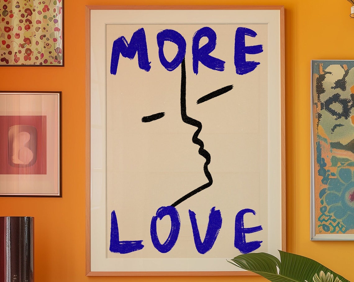 More Love Cobalt Brush Lettering Face Line Art Trendy Gallery Poster