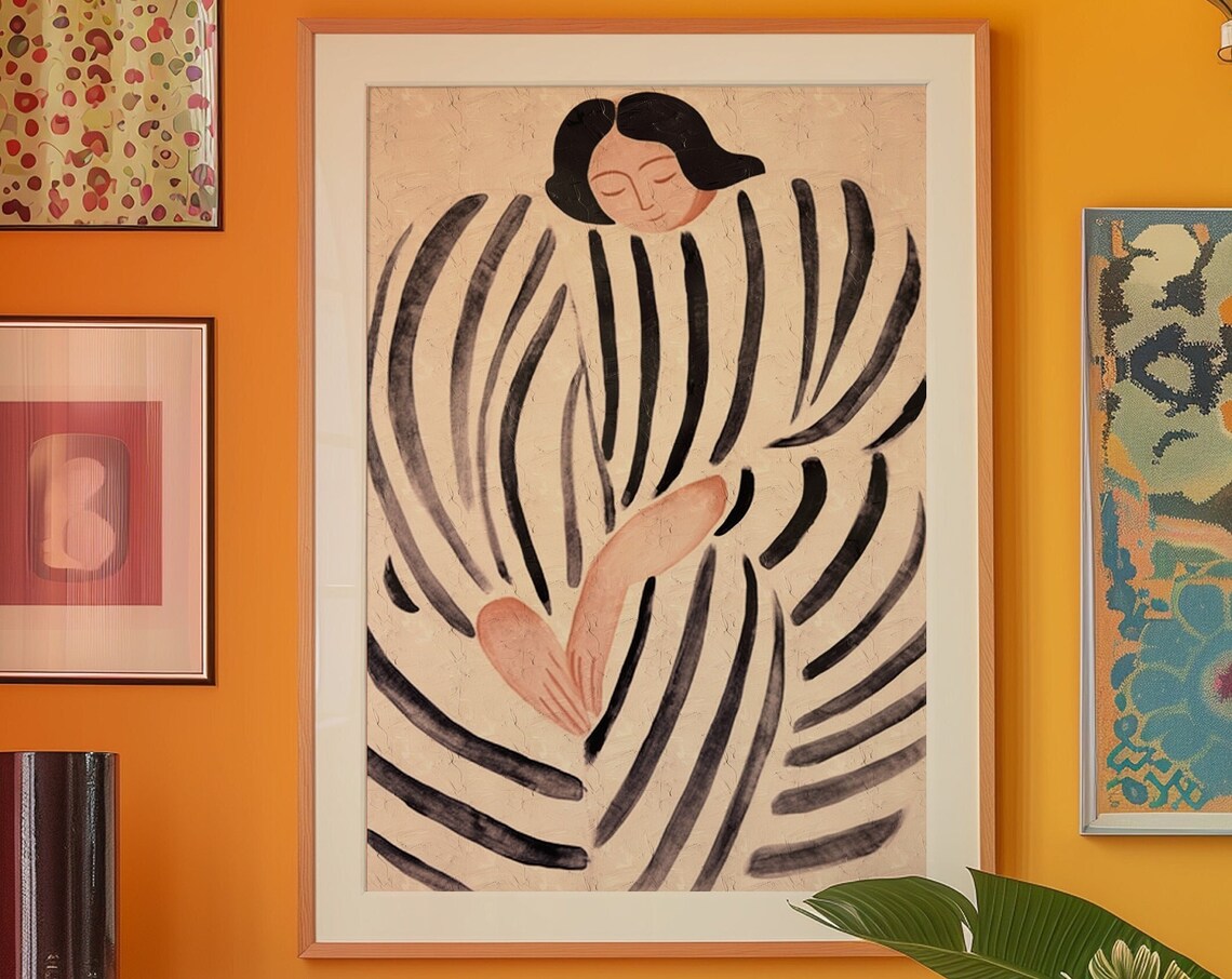 Trendy Woman Art Print Black Stripe 70s Retro Poster