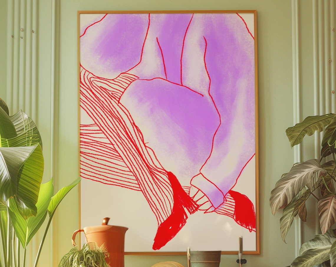 Red Line Art Woman 70s Retro Art Print
