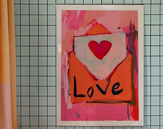 Open Red Love Letter Envelope with Heart Kitsch Pop Art Poster