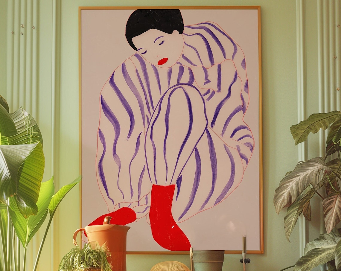 Woman in Purple Striped Pajamas and Red Socks Line Art Poster