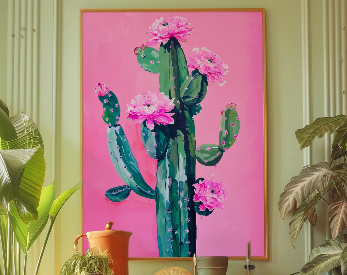 Blooming Pink Cactus Flower Poster on a Bold Hot Pink Background