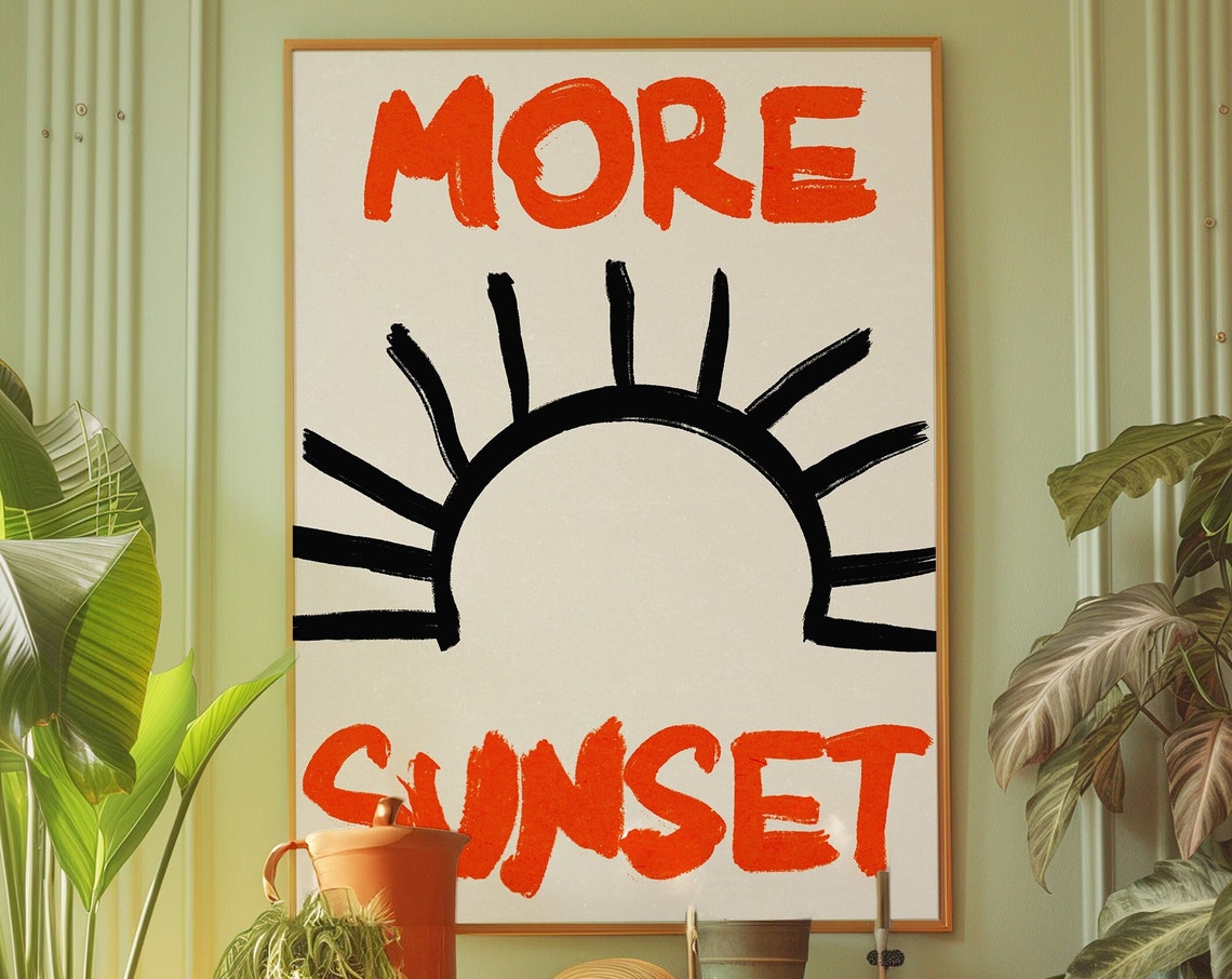 More Sunset Red Hand Painted Bold Typography Sun Line Art Poster