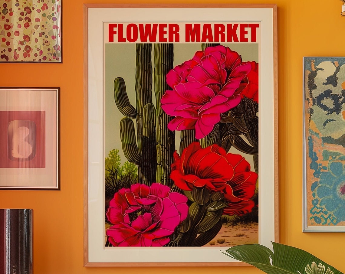 Flower Market Cactus Bloom Red Maximalist Botanical Wall Poster