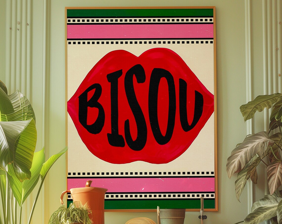 BISOU Red Lips French Typography Bold Retro Pop Art Kiss Poster