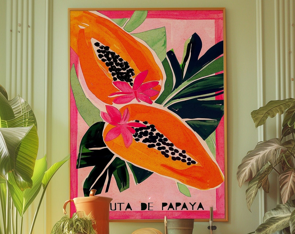 Papaya Tropical Fruit Retro 70s Style Kitchen Decor Art Poster