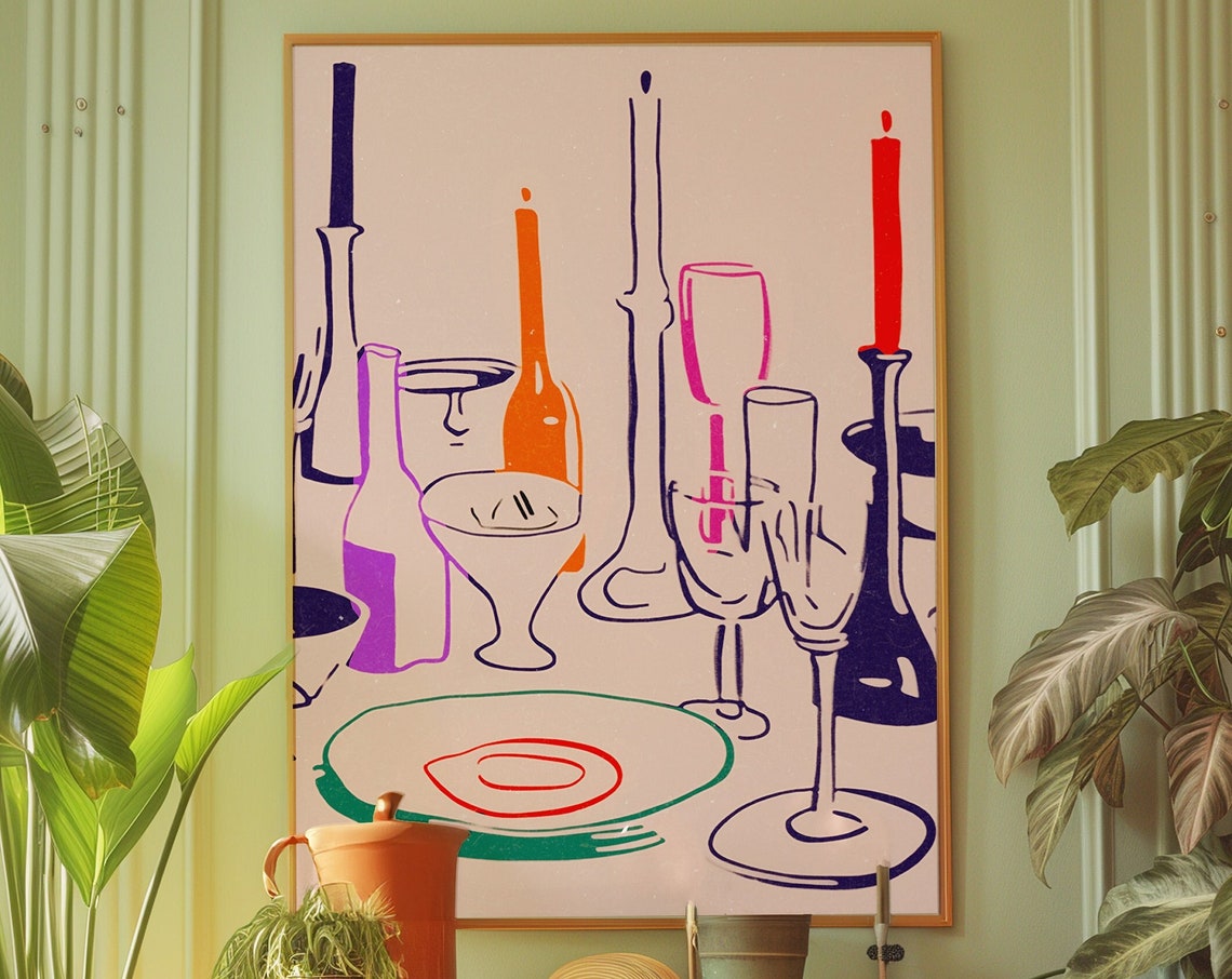 Retro Line Art Dinner Table Candles and Wine 70s Kitchen Poster