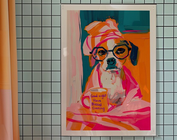 Beagle Dog in Glasses Holding Good Night Mug Kitsch Art Poster