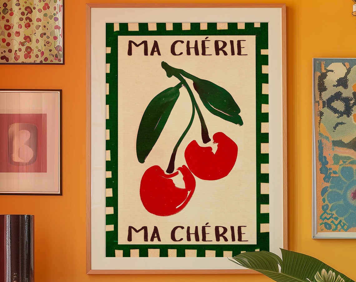 Ma Cherie Cherry Retro Kitchen Poster, Vintage French Fruit Art
