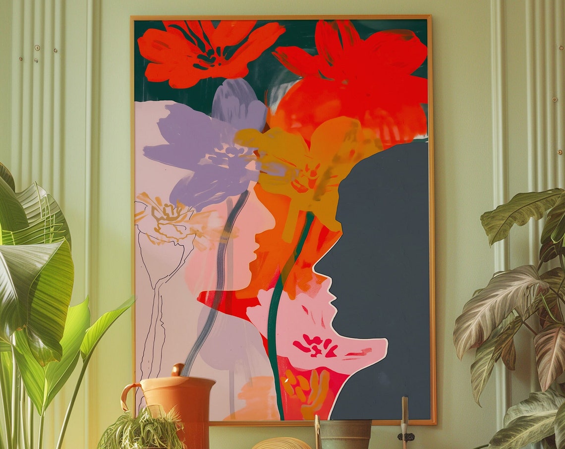 Flower Power Face Silhouettes Retro 70s Psychedelic Floral Art Poster