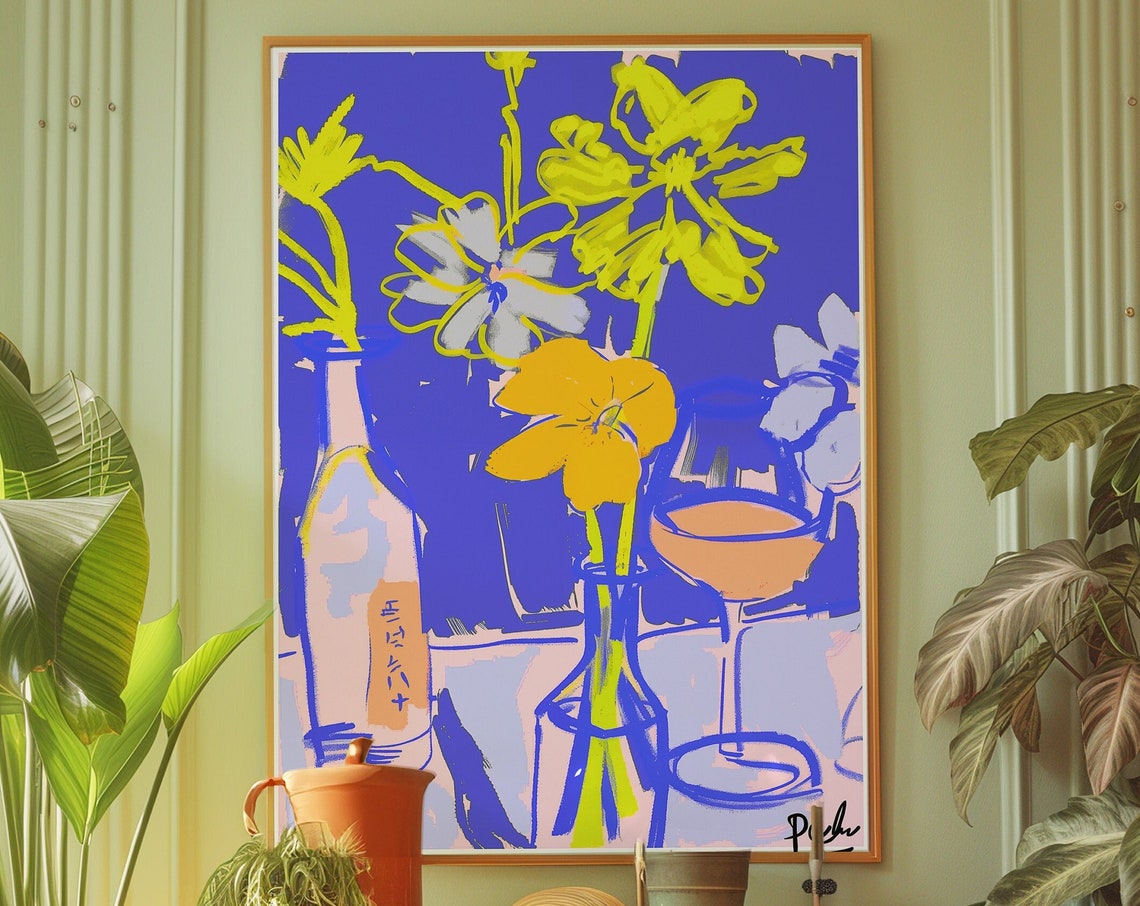 Retro Neon Flower Wall Poster, 70s Style Colorful Botanical Pop Art