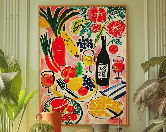 Colorful Retro Food Feast Illustration with Wine Bottle Wall Art