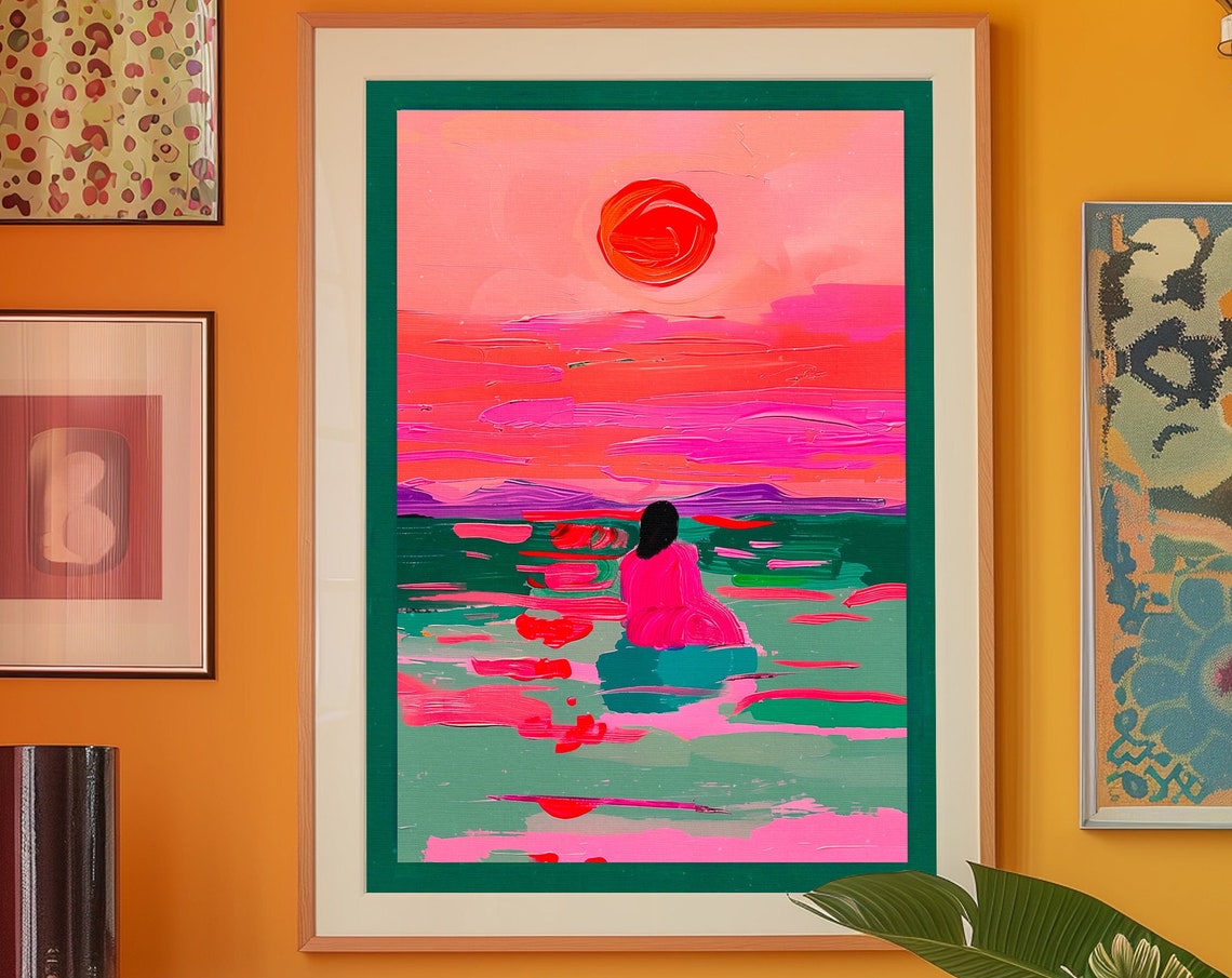 Blazing Sunset Figure by the Sea Pink Expressionist Art Poster