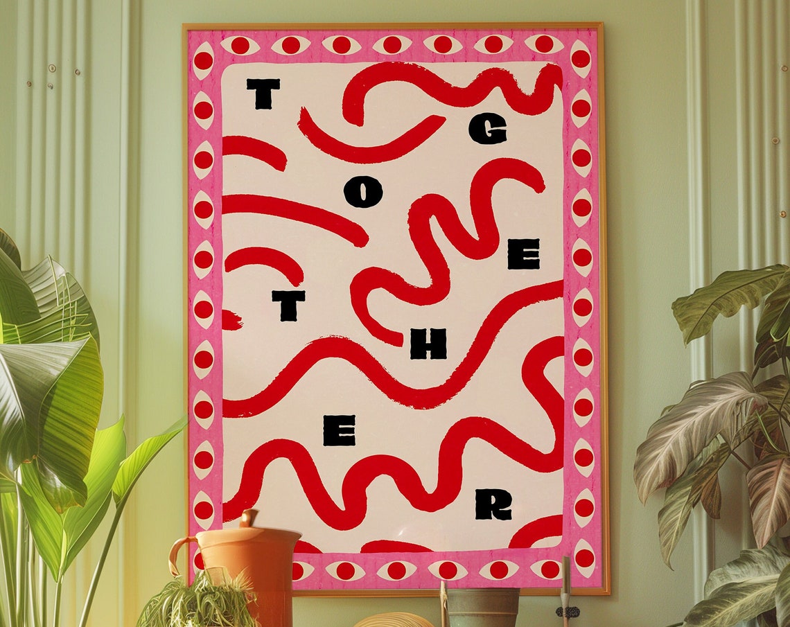 Bold Red Together Abstract Typography Poster with Squiggle Lines