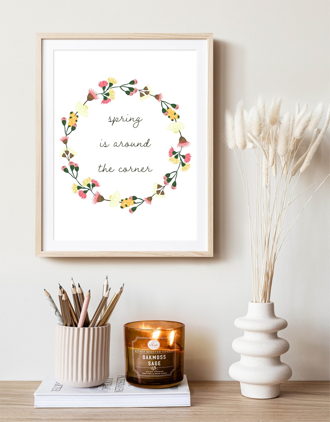 Spring Is Around The Corner Floral Wreath Script Quote Poster - Image 2