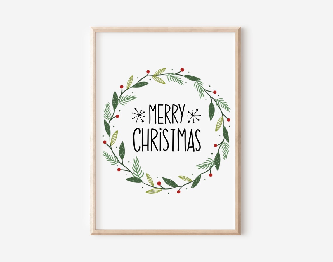 Merry Christmas Botanical Wreath Red Berries Holiday Art Poster