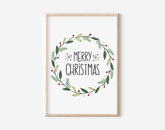 Merry Christmas Botanical Wreath Red Berries Holiday Art Poster