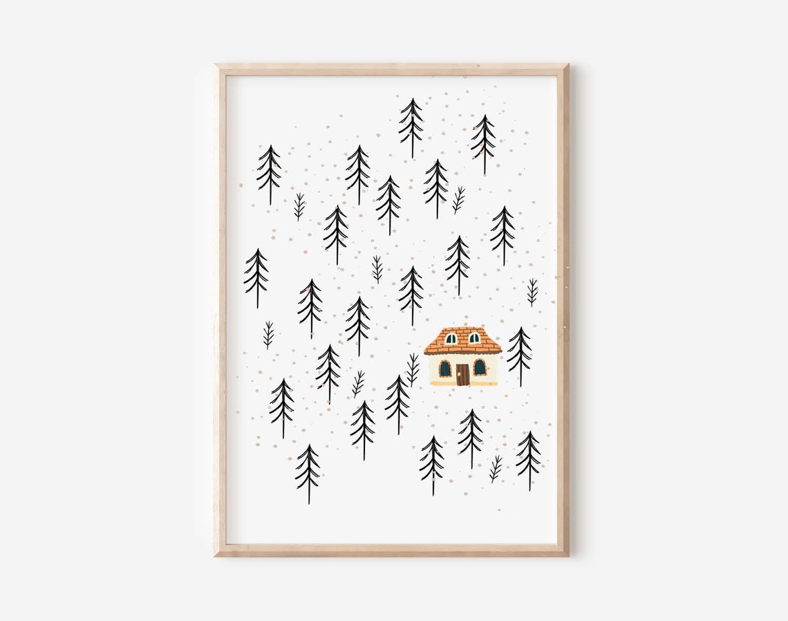 Cozy Cottage in the Snowy Pine Forest Winter Illustration Poster