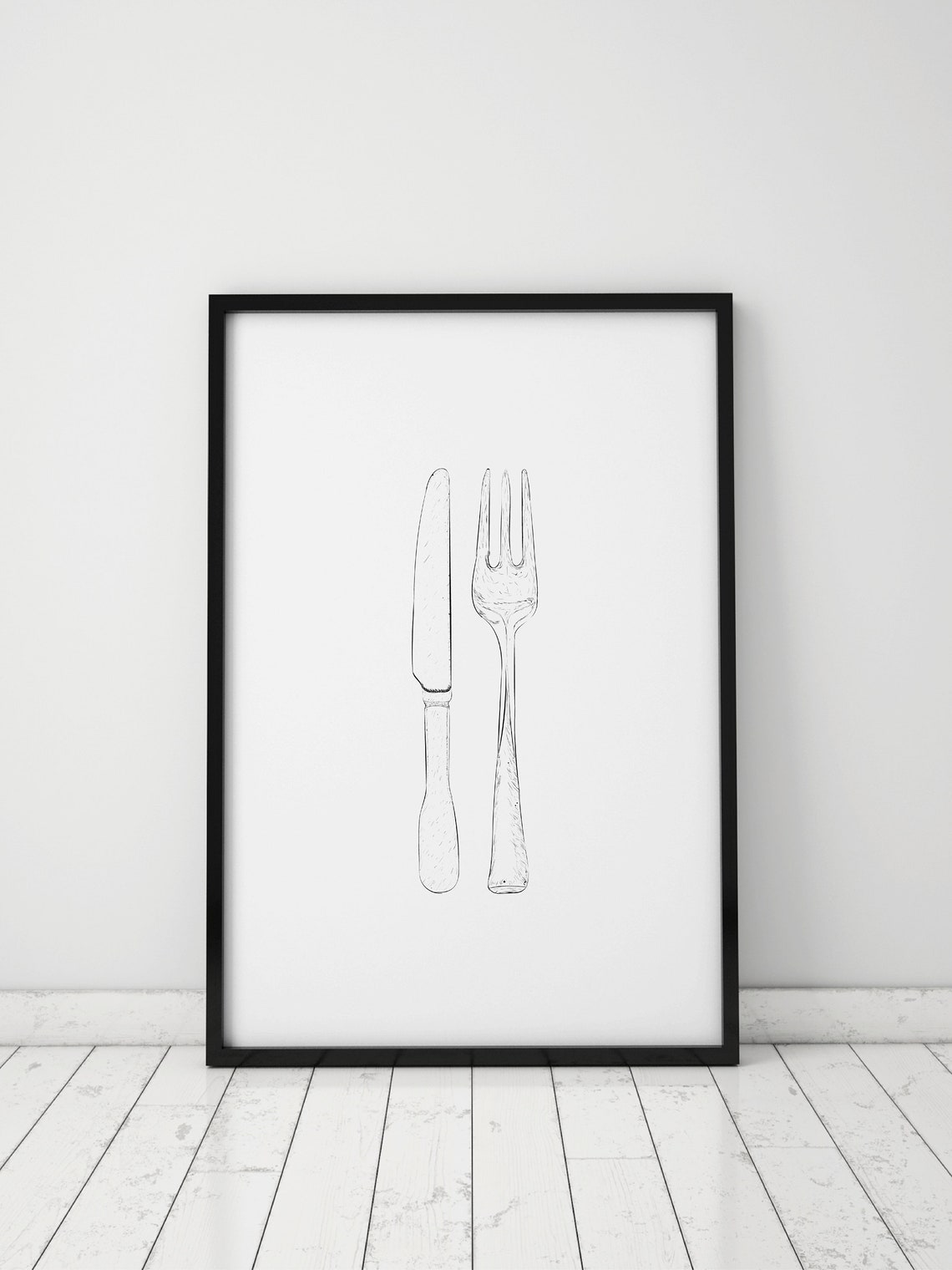 Fork and Knife Sketch Line Drawing Minimalist Kitchen Poster