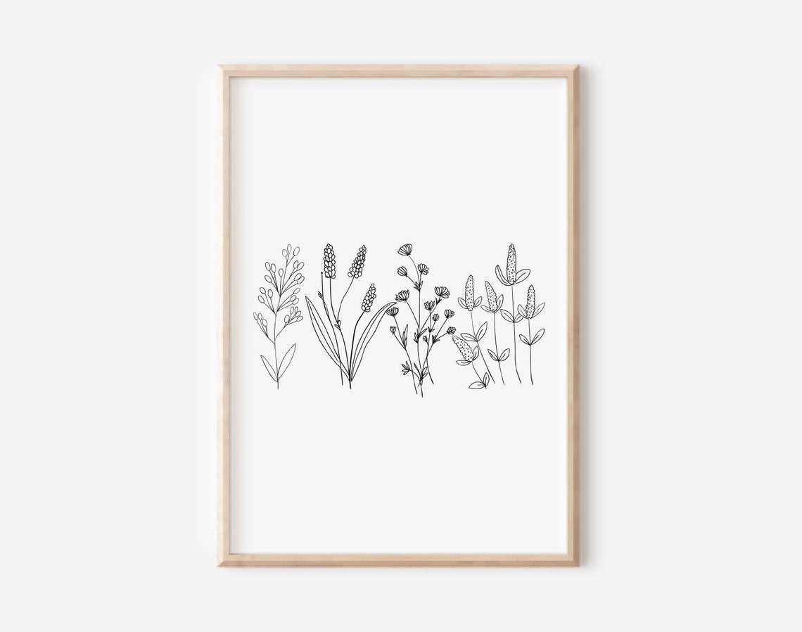Black And White Wildflower Line Art Minimalist Botanical Poster