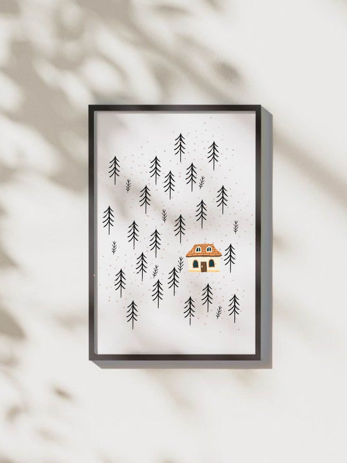 Cozy Cottage in the Snowy Pine Forest Winter Illustration Poster - Image 2