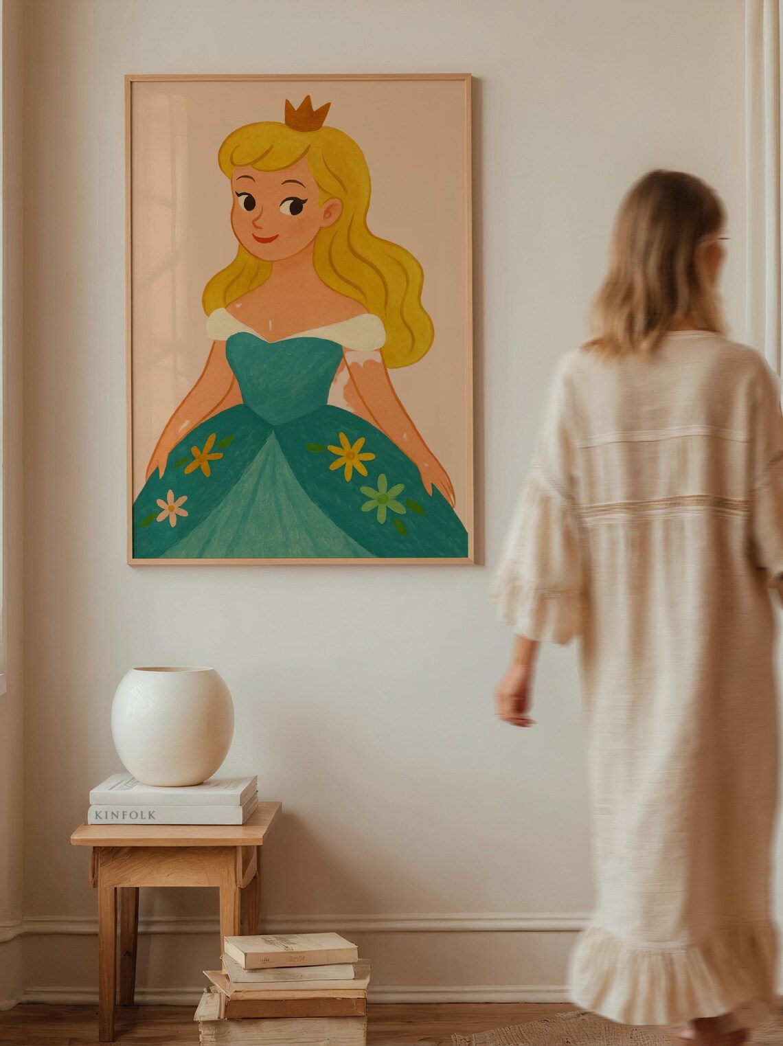 Blonde Princess In Teal Floral Gown Cartoon Fairytale Nursery Poster