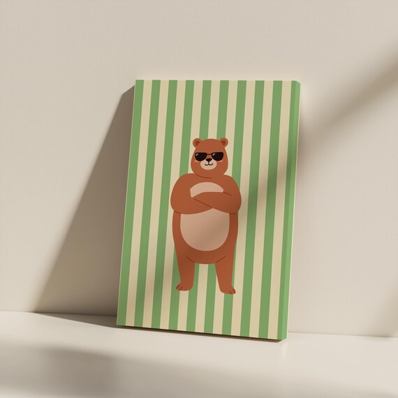 Cool Bear Sunglasses Striped Funny Kids Room Nursery Wall Art