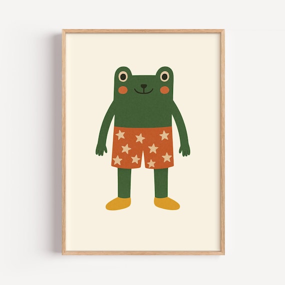 Cute Frog Wall Art Fun Animal Illustration With Star Shorts For Nursery Playroom Or Kids Room Whimsical Decor