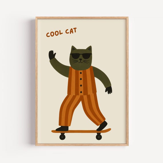 Retro Skateboarding Cat Print Funny Animal Nursery Art Unframed