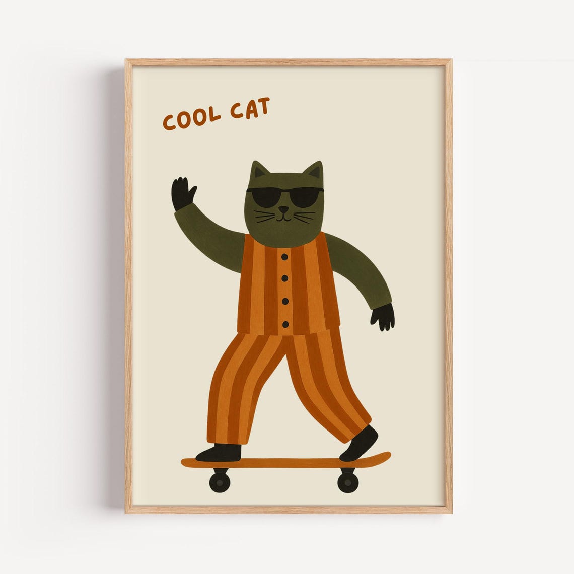 Retro Skateboarding Cat Print Funny Animal Nursery Art Unframed
