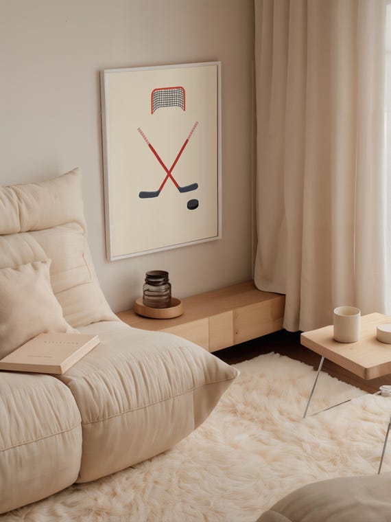 Hockey Goal Print Minimalist Sticks Puck And Net Design Wall Art