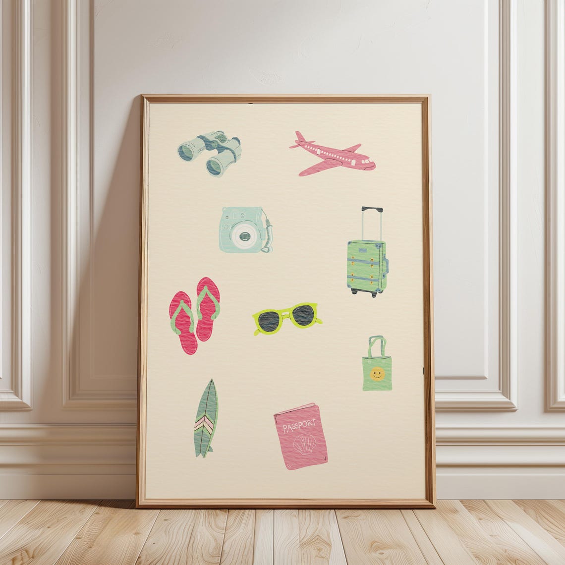 Travel Icons Poster Vacation Essentials Illustration Decor Gift