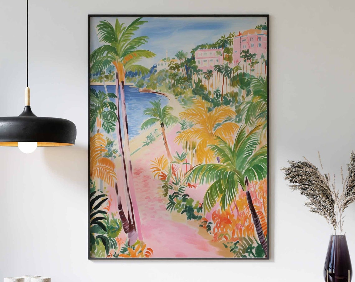 Tropical Garden Path Pink Bay Hillside Village Floral Poster