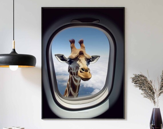 Giraffe Gazing Through an Airplane Window at Daytime Clouds Poster