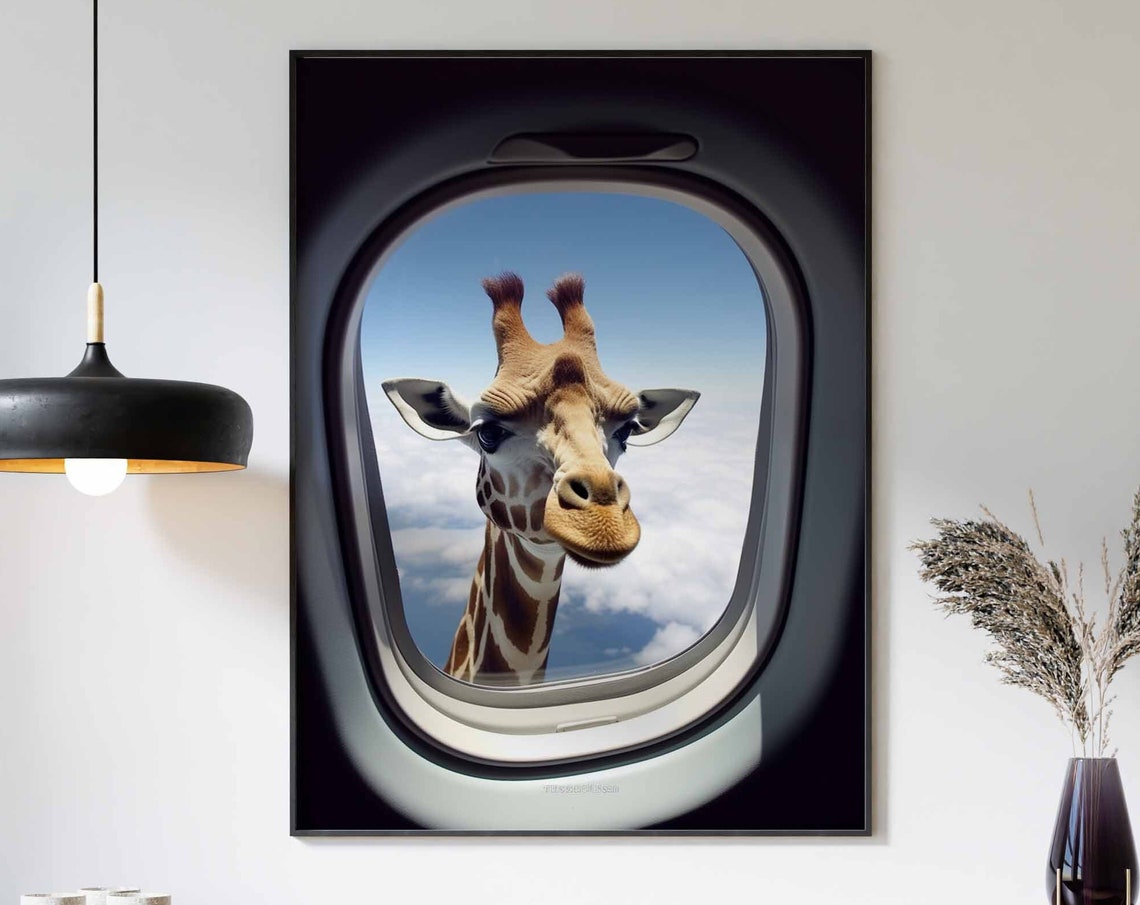 Giraffe Gazing Through an Airplane Window at Daytime Clouds Poster