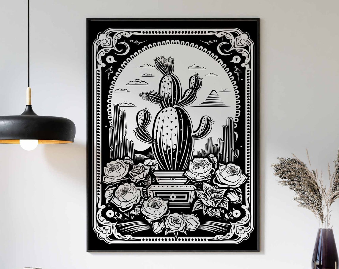 Monochrome Prickly Pear Cactus Roses Linocut Botanical Art Print