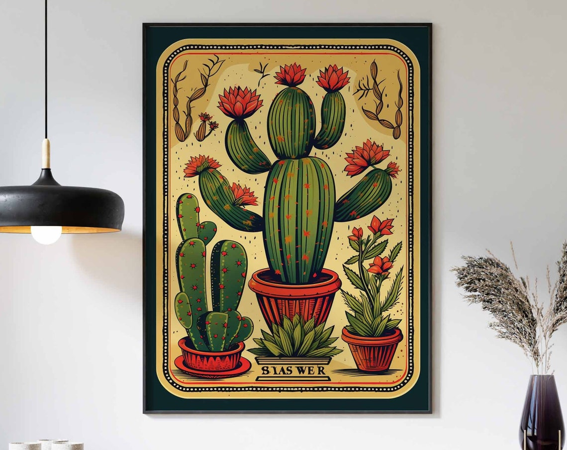 Mexican Folk Loteria Potted Cacti Red Blooms Vintage Card Poster