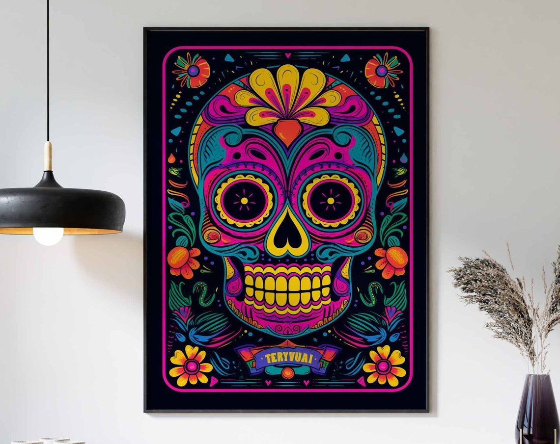 Vivid Purple Sugar Skull TERYVUAL Ribbon Poster Neon on Black