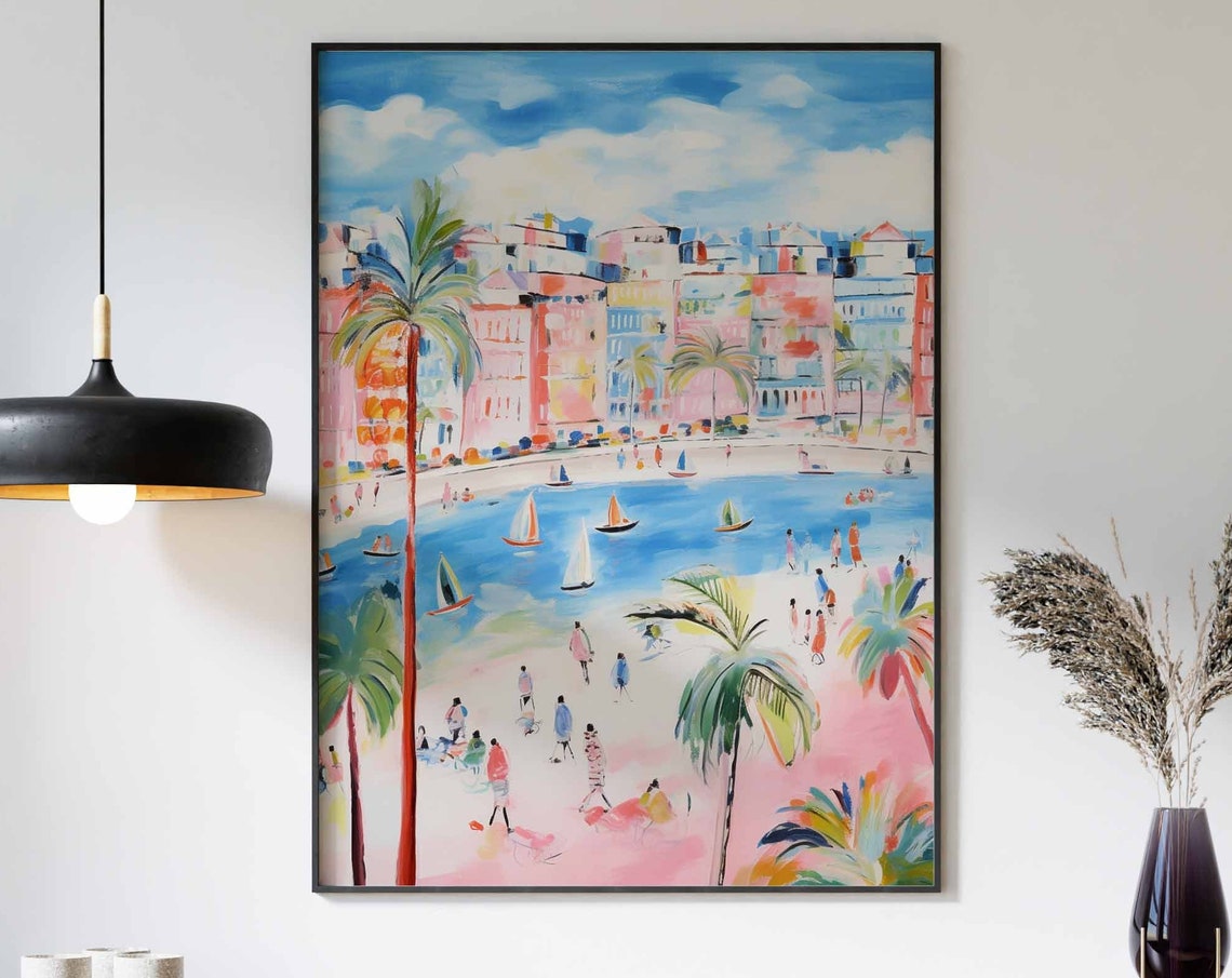 Sailboats Bay Pastel Beach Town Impressionist Sailing Poster