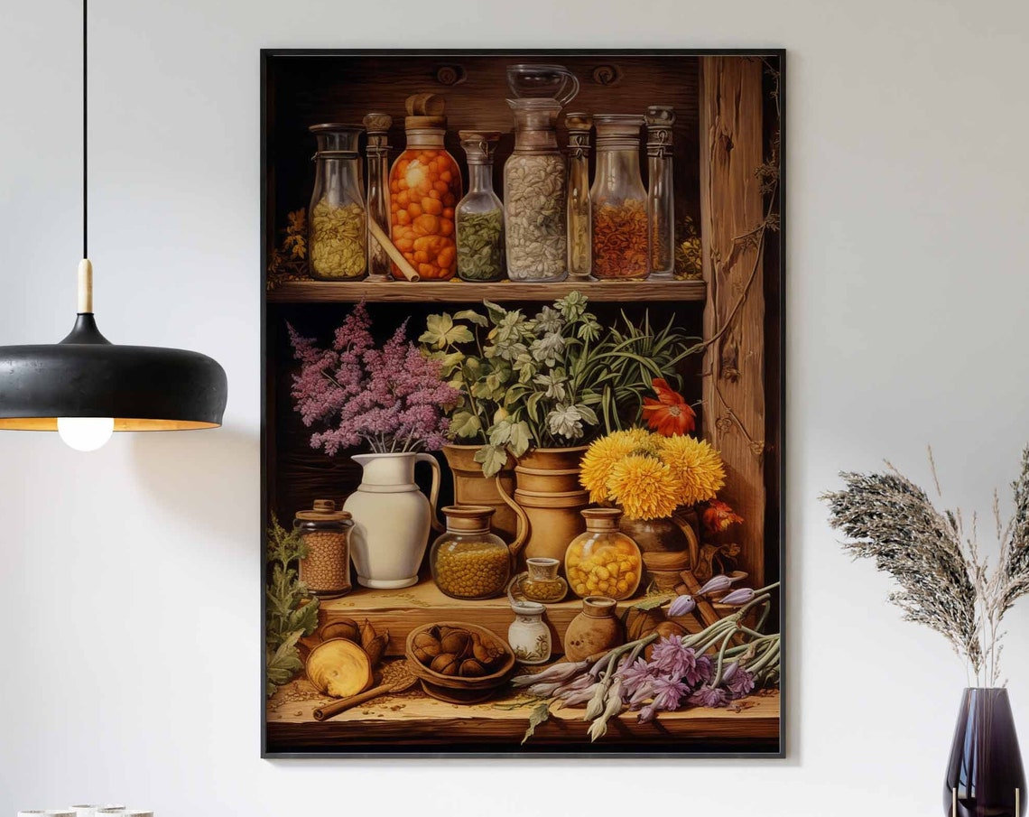 Rustic Apothecary Herb Pantry Shelf Jar Kitchen Decor Poster