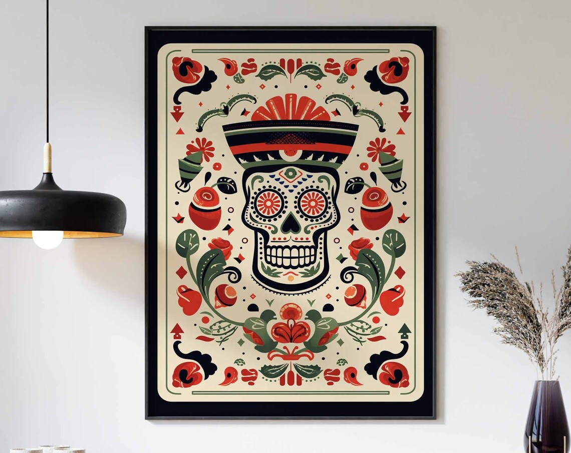 Day of the Dead Skull With Sombrero Floral Mexican Folk Poster