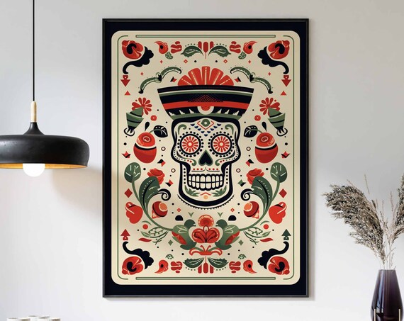 Day of the Dead Skull With Sombrero Floral Mexican Folk Poster