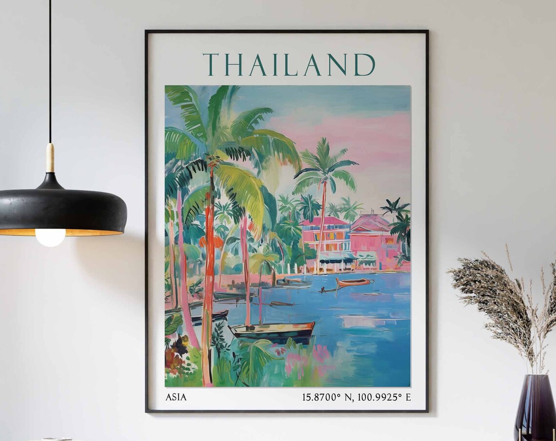 Thailand Palm Lagoon Pink Villa Boats Watercolor Travel Poster