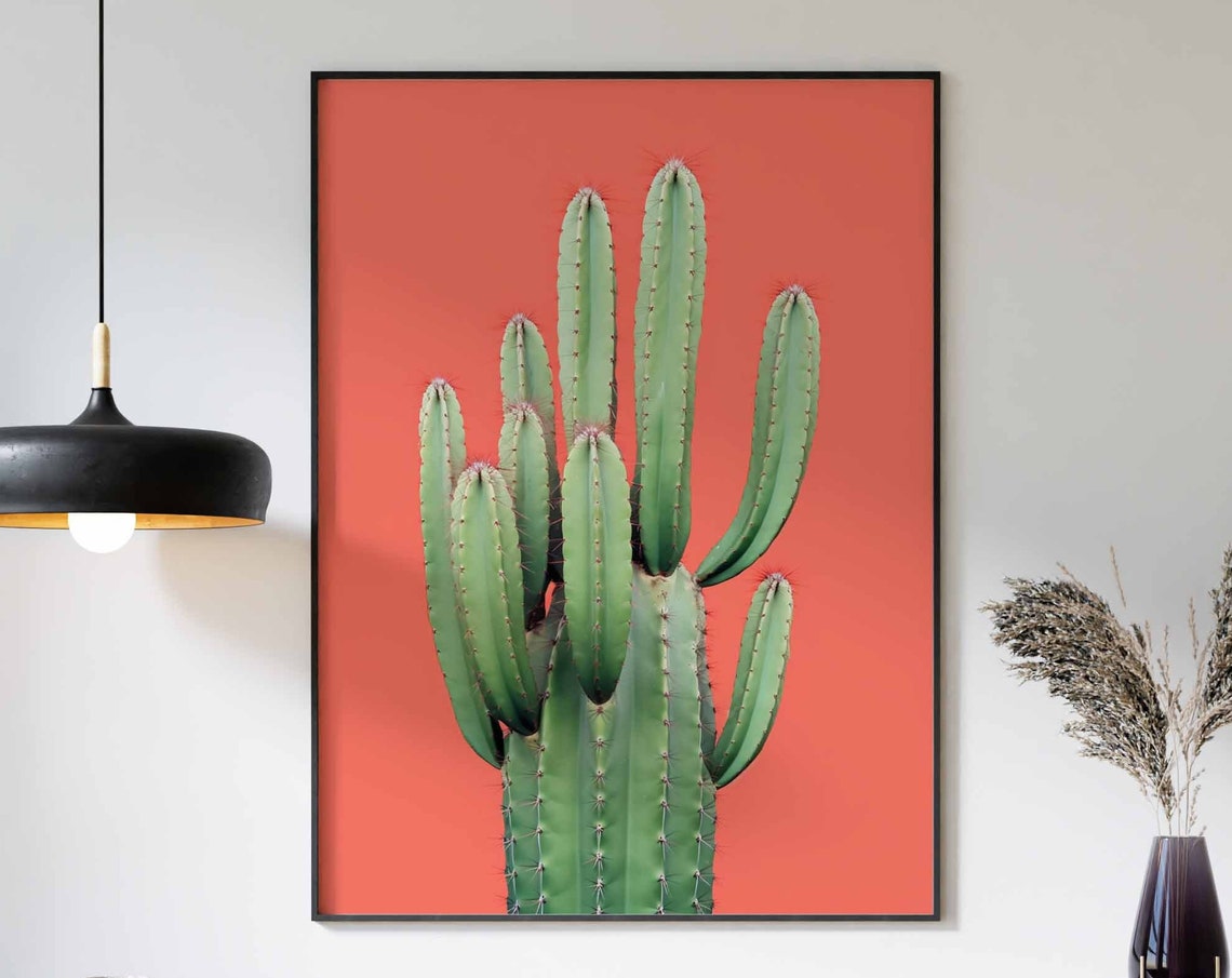 Green Columnar Cactus Cluster Against a Vibrant Coral Poster