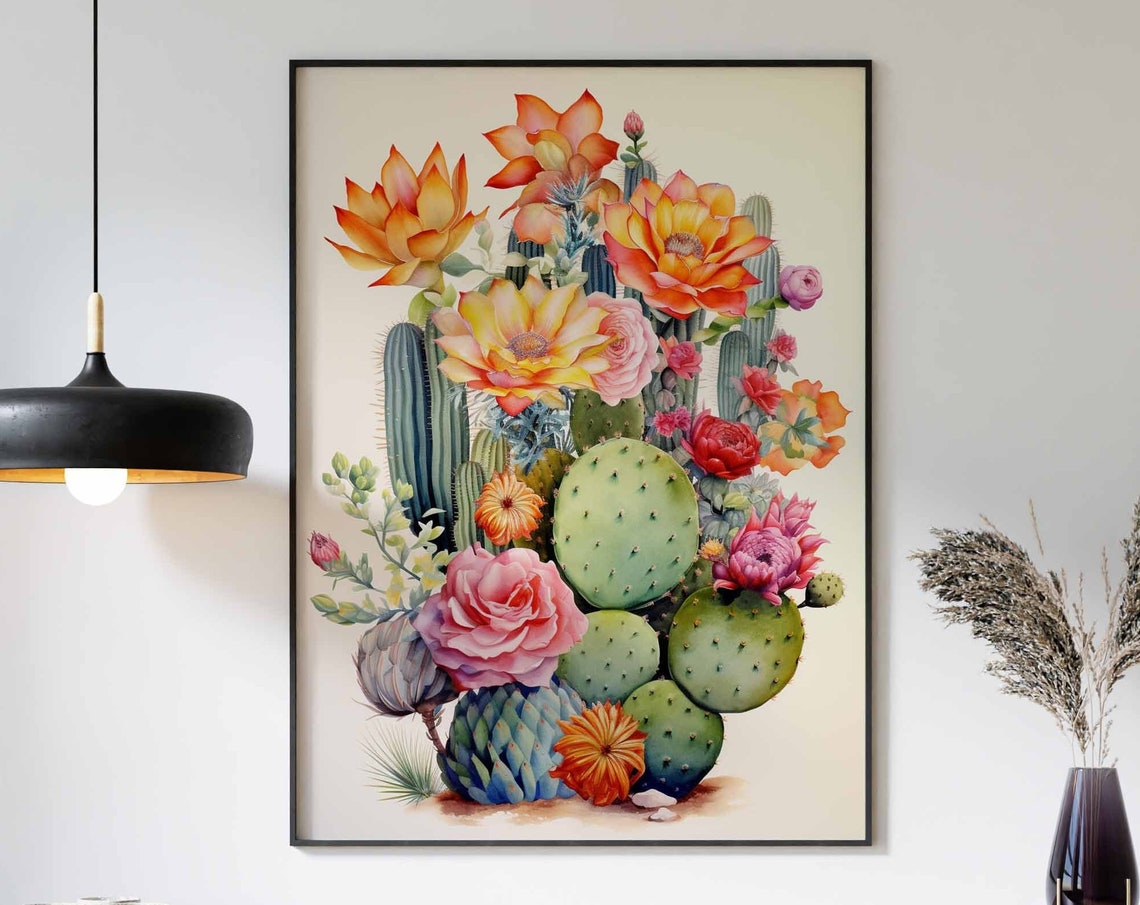 Watercolor Prickly Pear Cactus with a Pink Rose Bouquet Poster