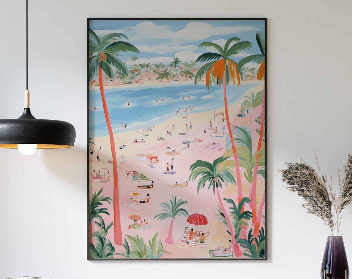 Pink Sandy Beach with Coral Colored Palm Trees and Bathers Poster