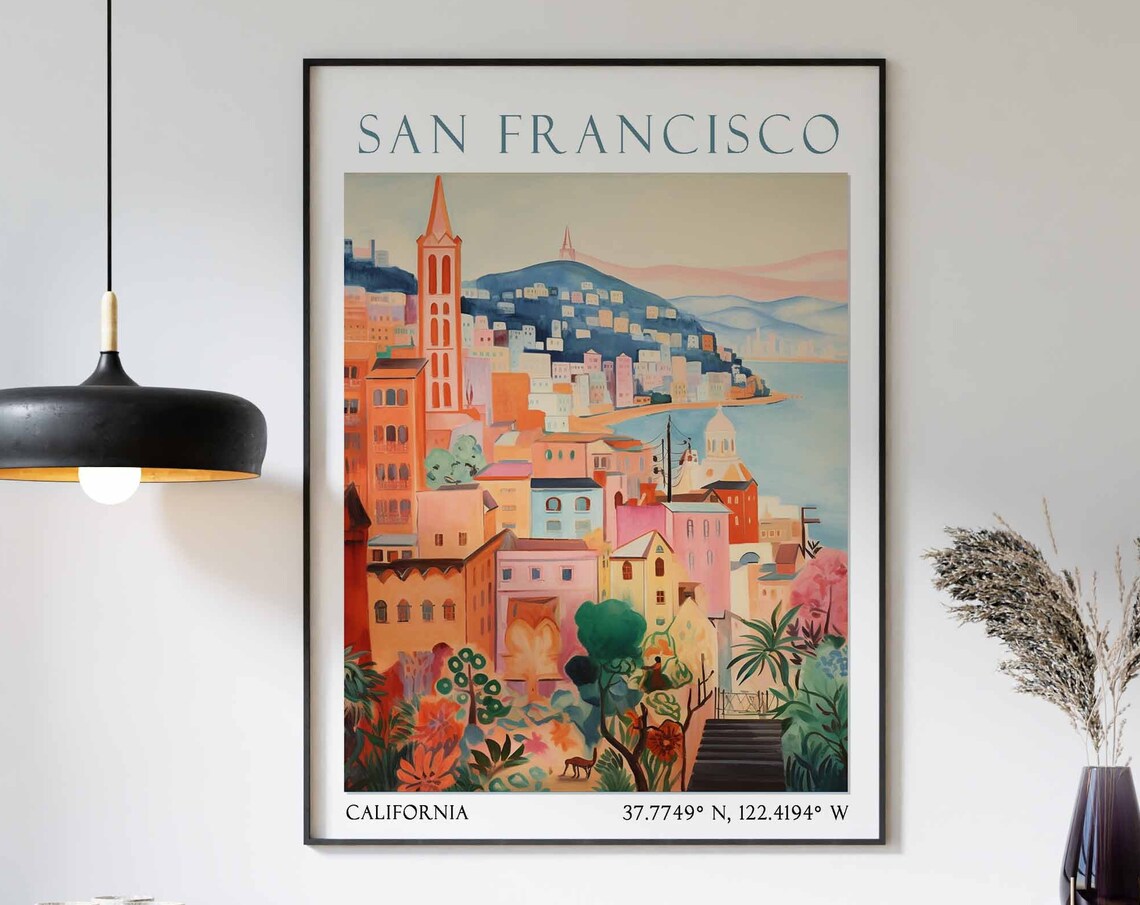 San Francisco Orange Hillside Bay Sunset Watercolor Travel Poster