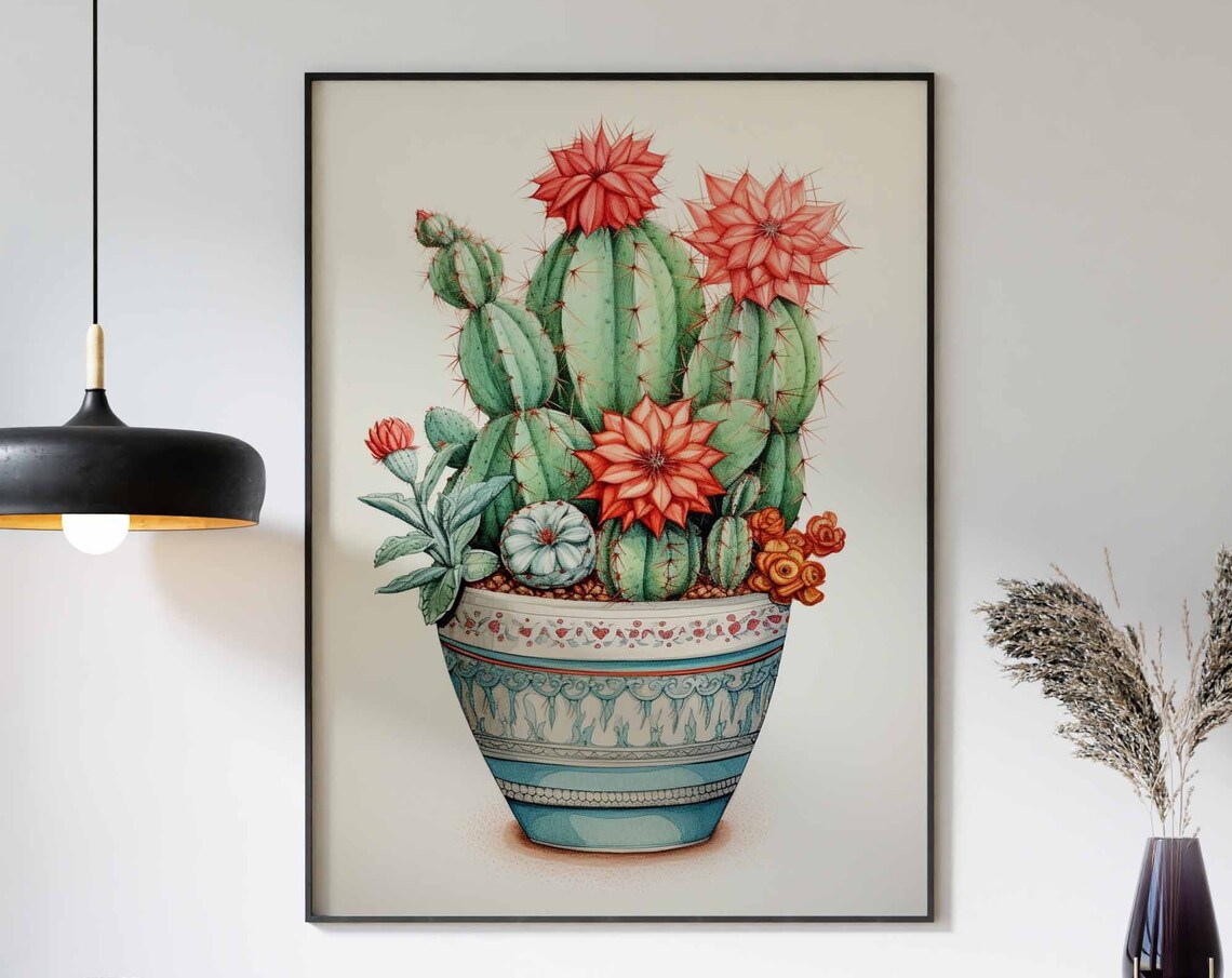 Flowering Cactus in a Decorated Ceramic Pot Botanical Poster
