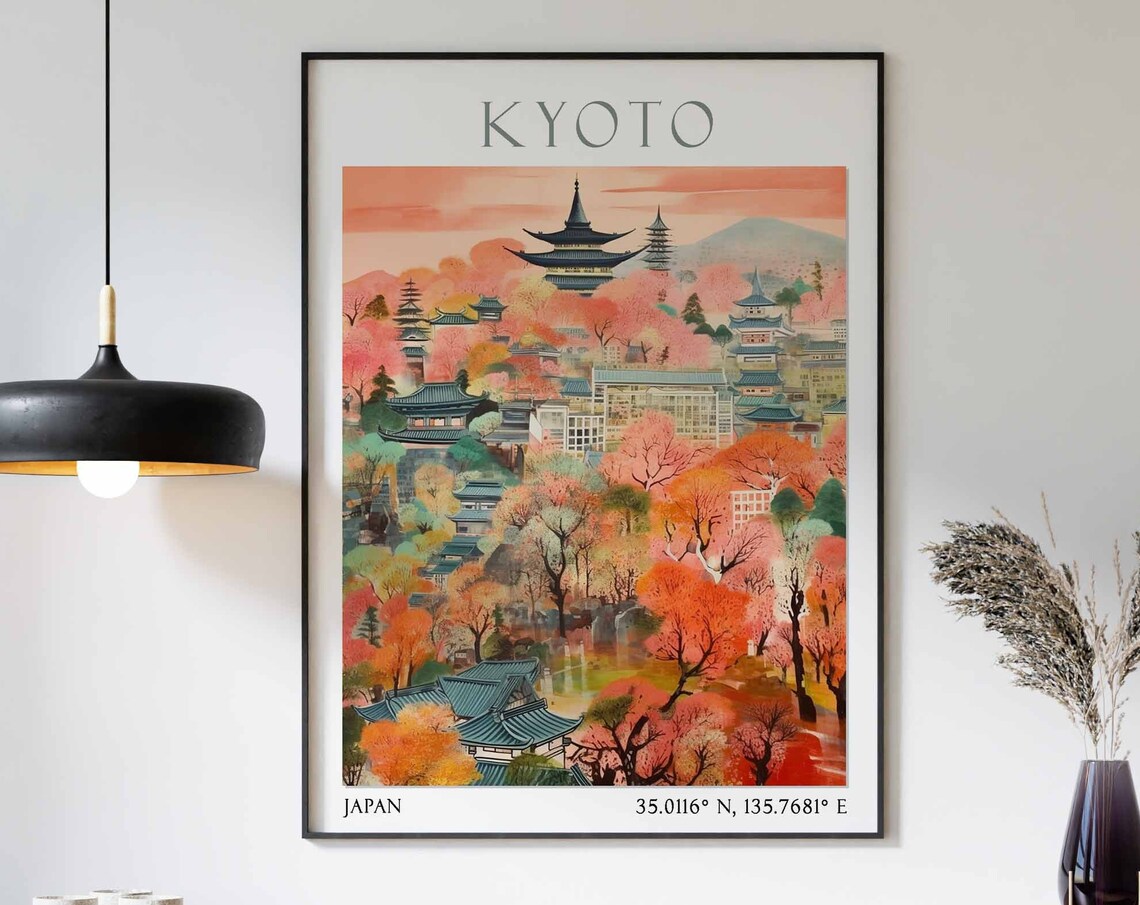 Kyoto Panoramic Temple Cityscape Sunset Watercolor Travel Poster