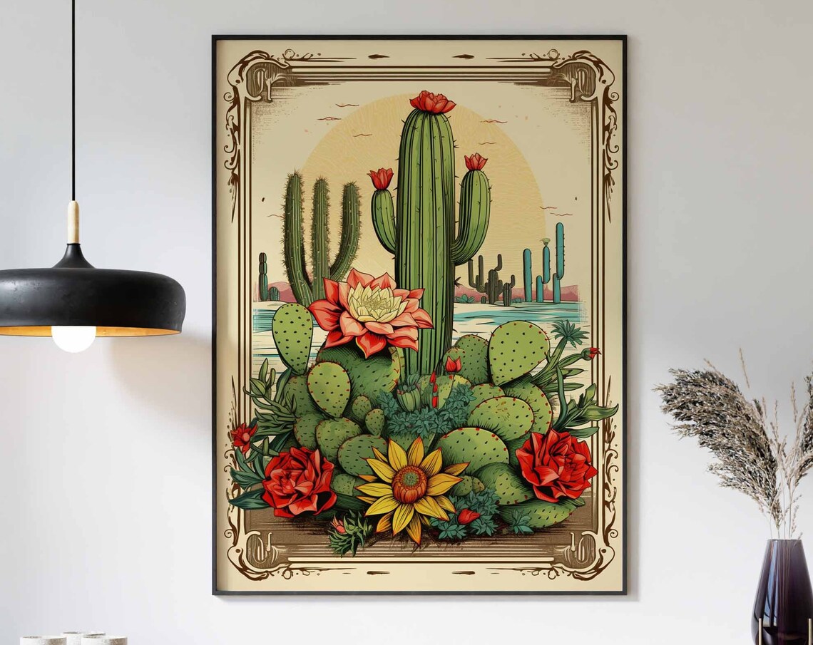 Vintage Desert Cactus Garden Saguaro Red Blossoms Retro Poster